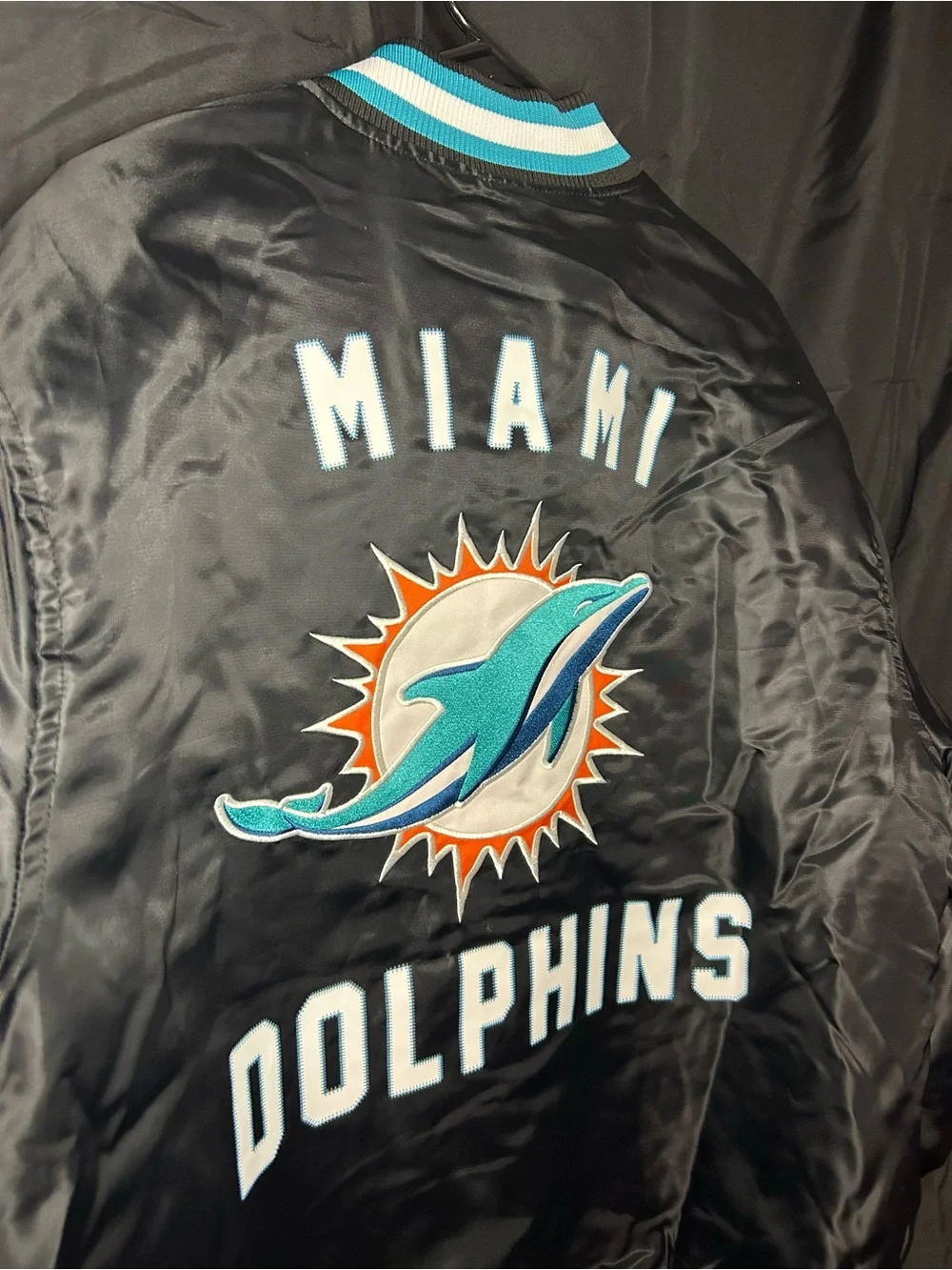 NFL Miami Dolphins Black Satin Jacket with Teal & White Script